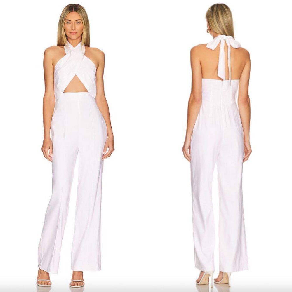 NWT Milly white linen Eda crisscross halter pleated wide leg jumpsuit